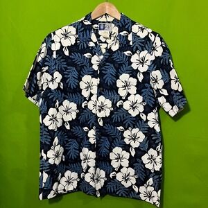 Large VTG RJC Ltd Hawaiian Shirt Mens Blue White Floral Aloha Rayon Button‎ Up